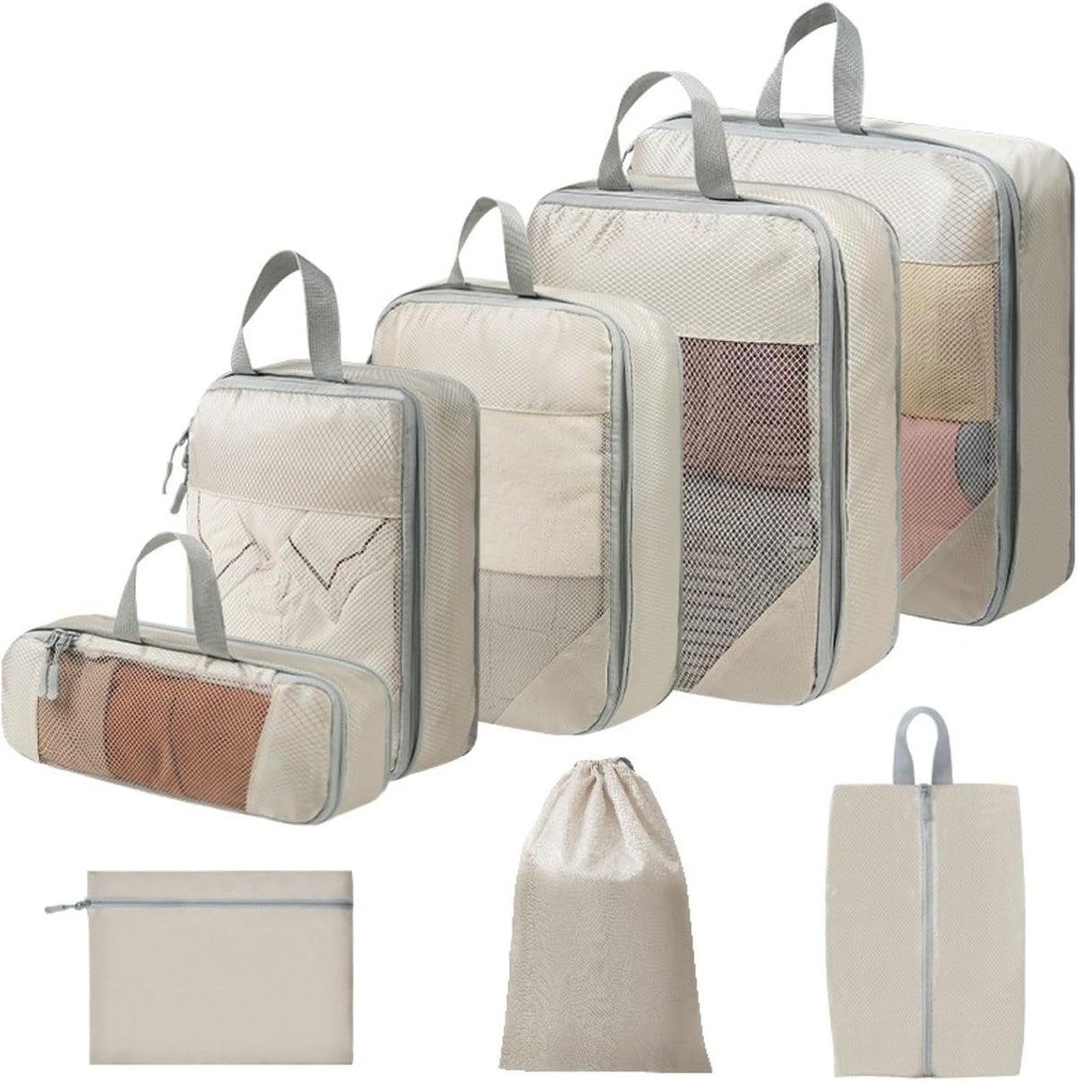 Expandable Compression Packing Cubes Set, Travel Luggage Organizer Bags | Expandable packing cubes with compression zippers, mesh panels and multiple organizers for travel, luggage and storage.