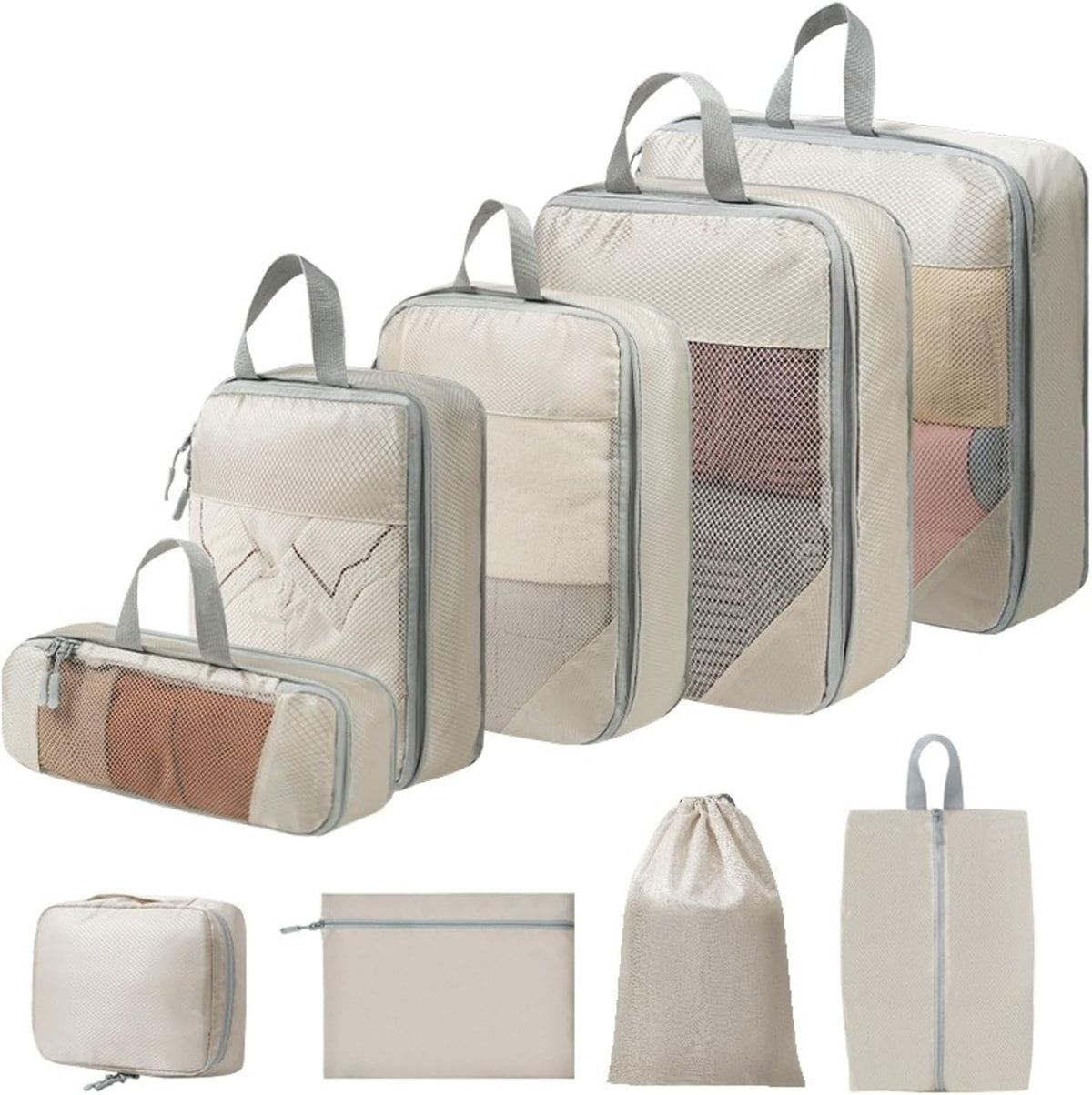 Expandable Compression Packing Cubes Set, Travel Luggage Organizer Bags | Expandable packing cubes with compression zippers, mesh panels and multiple organizers for travel, luggage and storage.