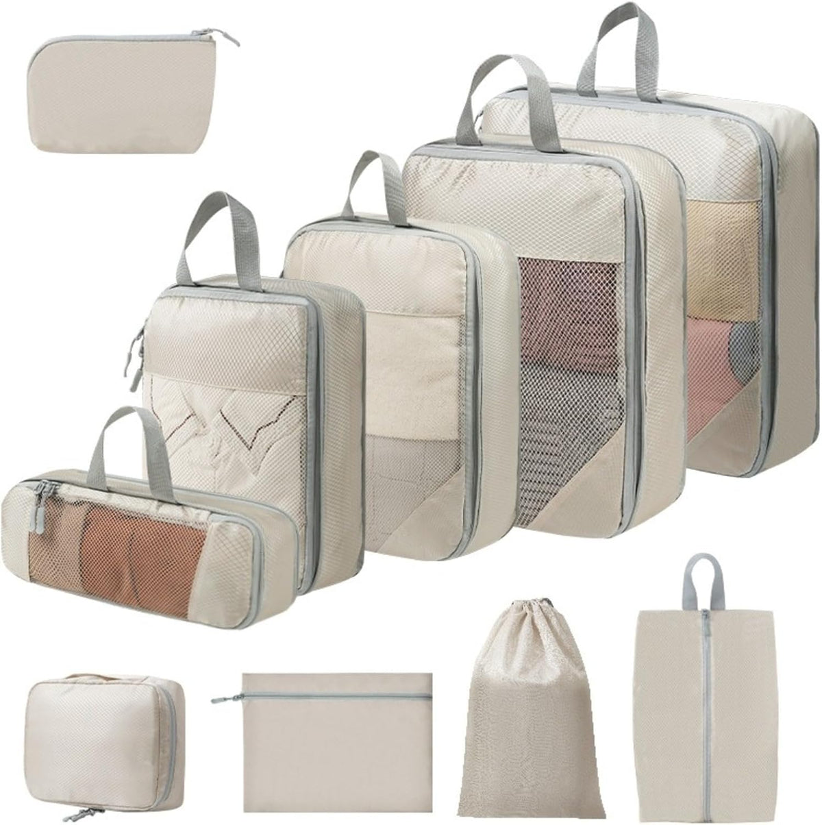 Expandable Compression Packing Cubes Set, Travel Luggage Organizer Bags | Expandable packing cubes with compression zippers, mesh panels and multiple organizers for travel, luggage and storage.