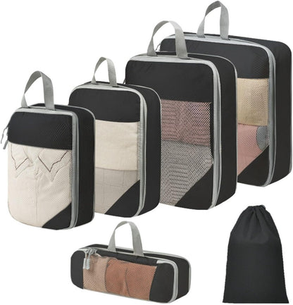 Expandable Compression Packing Cubes Set, Travel Luggage Organizer Bags | Expandable packing cubes with compression zippers, mesh panels and multiple organizers for travel, luggage and storage.