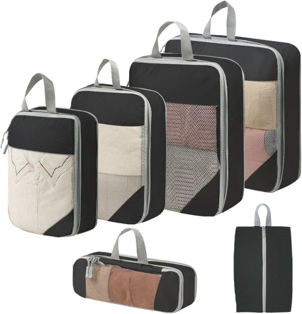 Expandable Compression Packing Cubes Set, Travel Luggage Organizer Bags | Expandable packing cubes with compression zippers, mesh panels and multiple organizers for travel, luggage and storage.