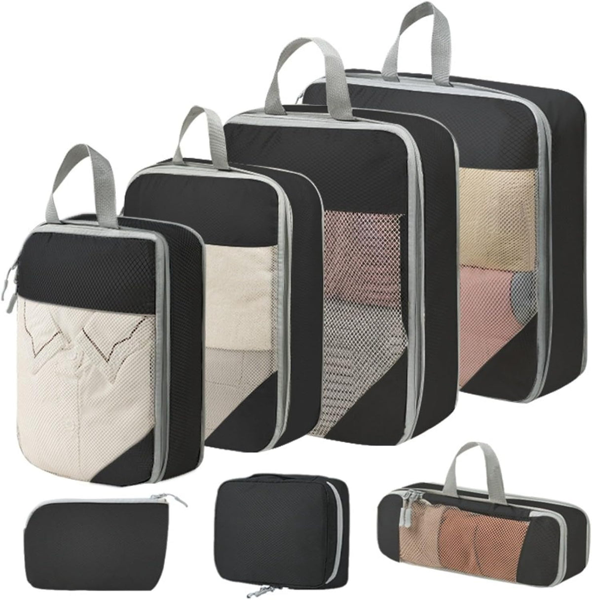 Expandable Compression Packing Cubes Set, Travel Luggage Organizer Bags | Expandable packing cubes with compression zippers, mesh panels and multiple organizers for travel, luggage and storage.