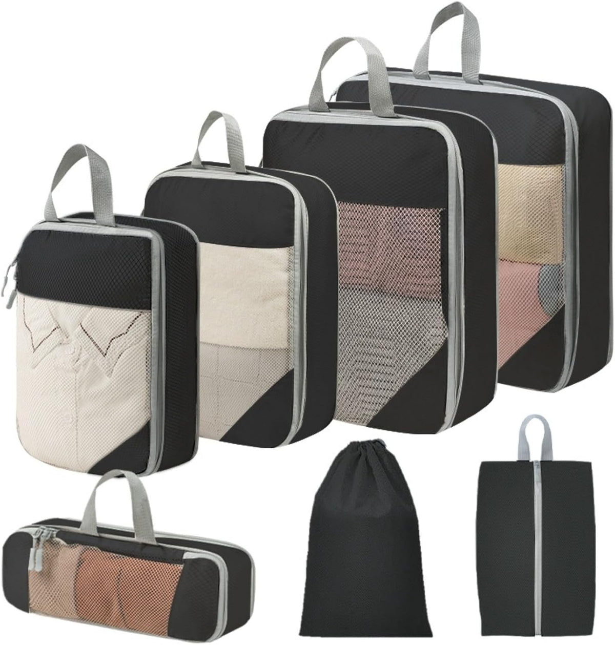 Expandable Compression Packing Cubes Set, Travel Luggage Organizer Bags | Expandable packing cubes with compression zippers, mesh panels and multiple organizers for travel, luggage and storage.