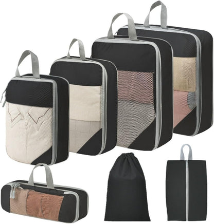 Expandable Compression Packing Cubes Set, Travel Luggage Organizer Bags | Expandable packing cubes with compression zippers, mesh panels and multiple organizers for travel, luggage and storage.
