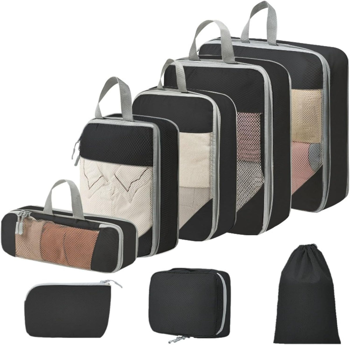 Expandable Compression Packing Cubes Set, Travel Luggage Organizer Bags | Expandable packing cubes with compression zippers, mesh panels and multiple organizers for travel, luggage and storage.