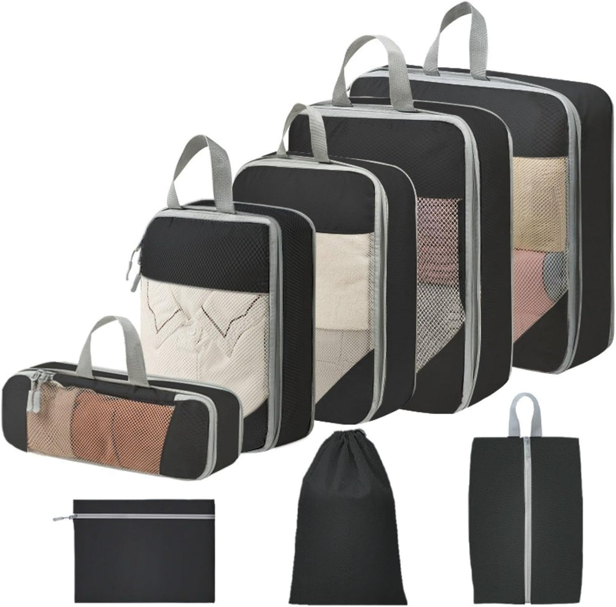 Expandable Compression Packing Cubes Set, Travel Luggage Organizer Bags | Expandable packing cubes with compression zippers, mesh panels and multiple organizers for travel, luggage and storage.