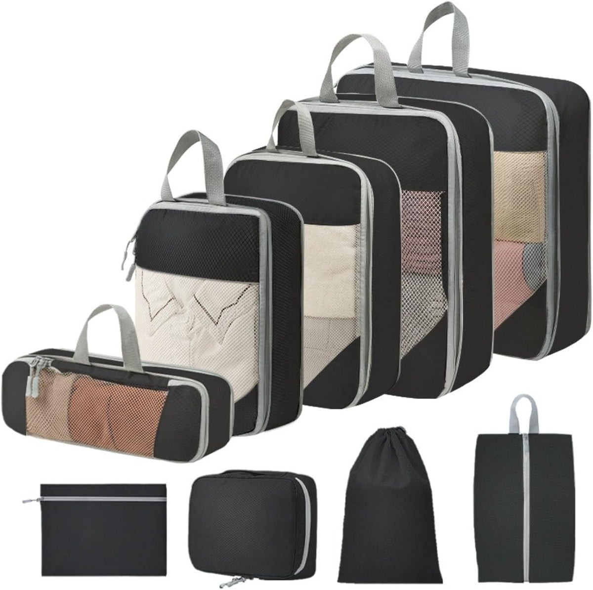 Expandable Compression Packing Cubes Set, Travel Luggage Organizer Bags | Expandable packing cubes with compression zippers, mesh panels and multiple organizers for travel, luggage and storage.