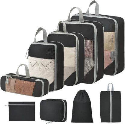 Expandable Compression Packing Cubes Set, Travel Luggage Organizer Bags | Expandable packing cubes with compression zippers, mesh panels and multiple organizers for travel, luggage and storage.