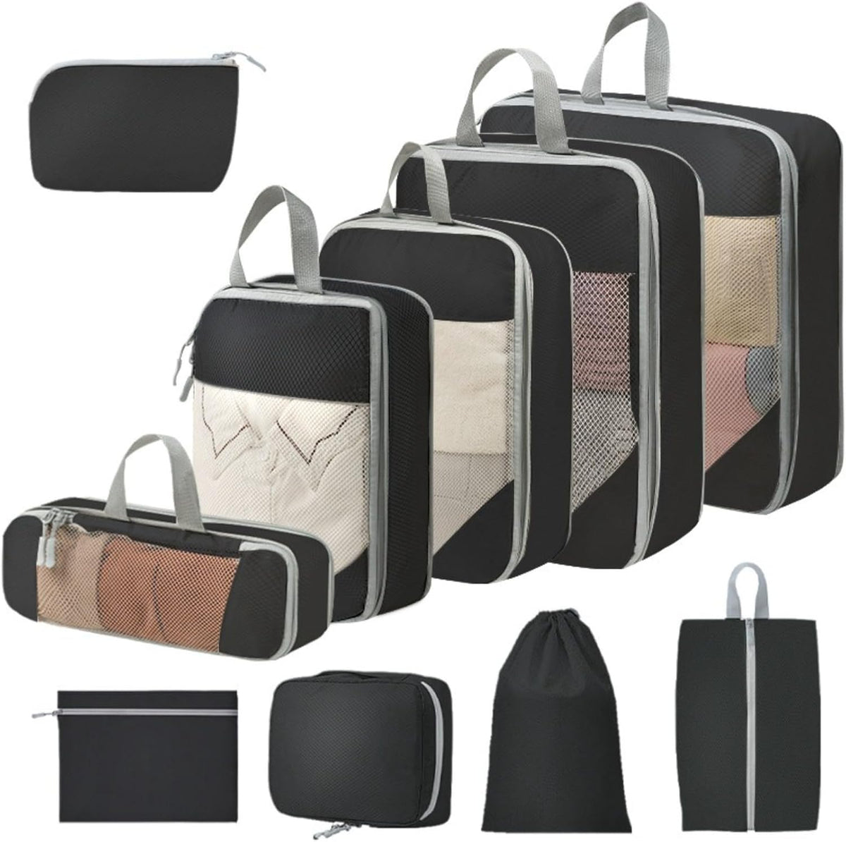 Expandable Compression Packing Cubes Set, Travel Luggage Organizer Bags | Expandable packing cubes with compression zippers, mesh panels and multiple organizers for travel, luggage and storage.