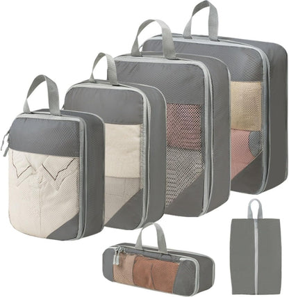 Expandable Compression Packing Cubes Set, Travel Luggage Organizer Bags | Expandable packing cubes with compression zippers, mesh panels and multiple organizers for travel, luggage and storage.