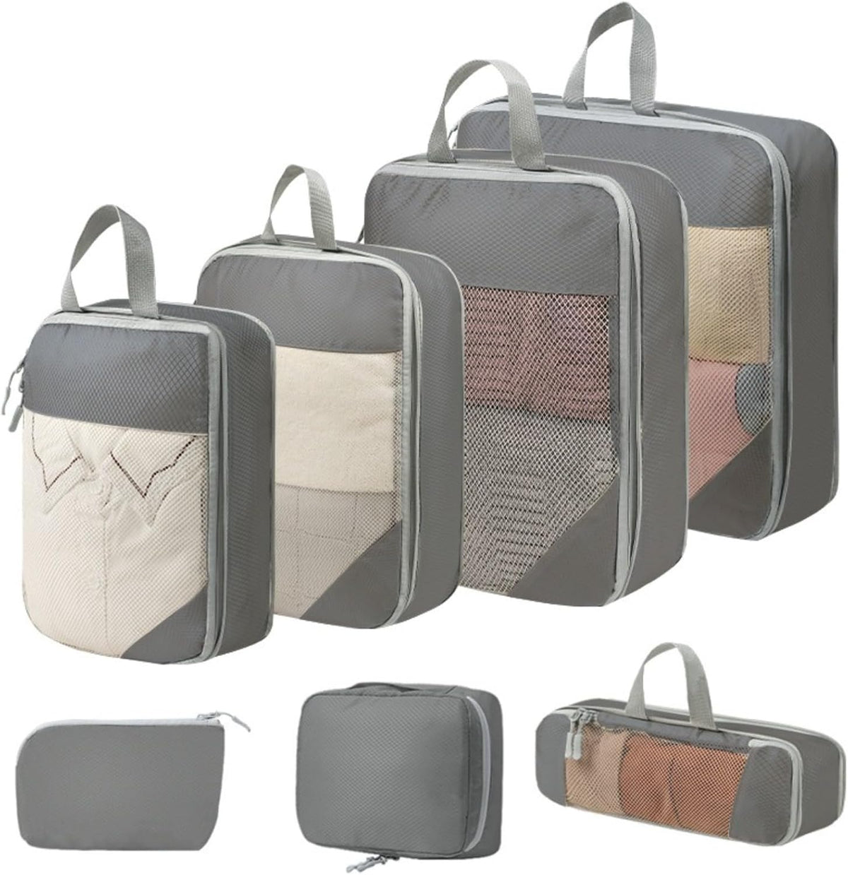 Expandable Compression Packing Cubes Set, Travel Luggage Organizer Bags | Expandable packing cubes with compression zippers, mesh panels and multiple organizers for travel, luggage and storage.
