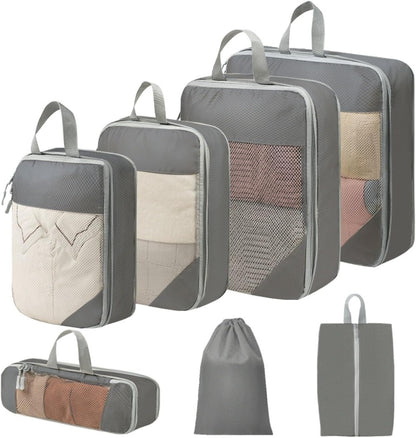 Expandable Compression Packing Cubes Set, Travel Luggage Organizer Bags | Expandable packing cubes with compression zippers, mesh panels and multiple organizers for travel, luggage and storage.