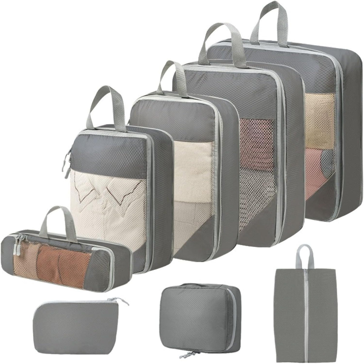 Expandable Compression Packing Cubes Set, Travel Luggage Organizer Bags | Expandable packing cubes with compression zippers, mesh panels and multiple organizers for travel, luggage and storage.