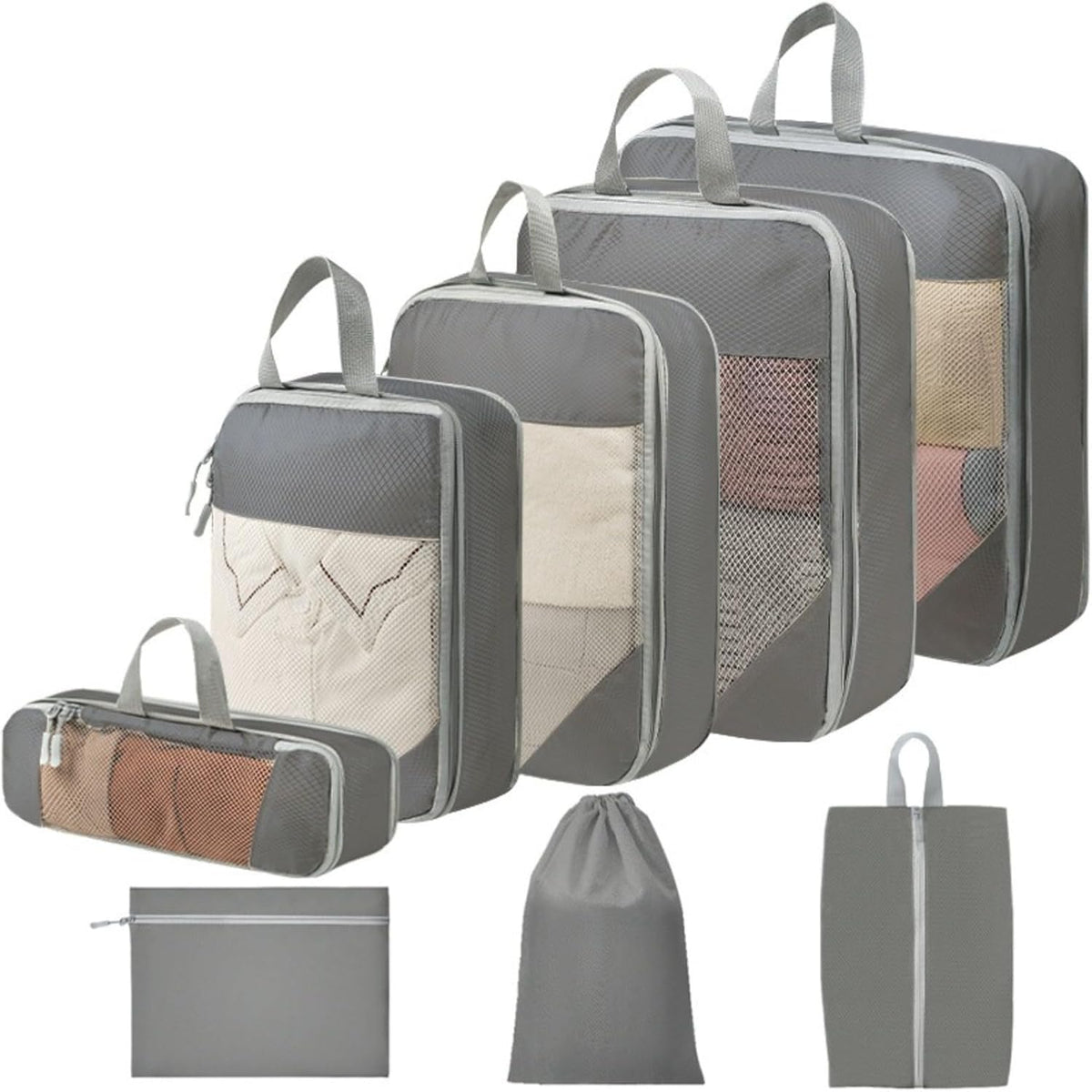 Expandable Compression Packing Cubes Set, Travel Luggage Organizer Bags | Expandable packing cubes with compression zippers, mesh panels and multiple organizers for travel, luggage and storage.