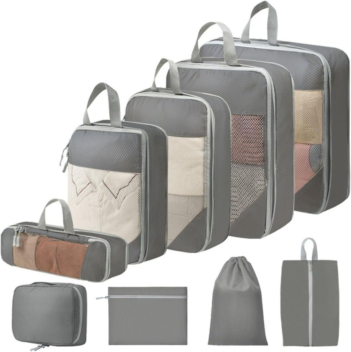 Expandable Compression Packing Cubes Set, Travel Luggage Organizer Bags | Expandable packing cubes with compression zippers, mesh panels and multiple organizers for travel, luggage and storage.