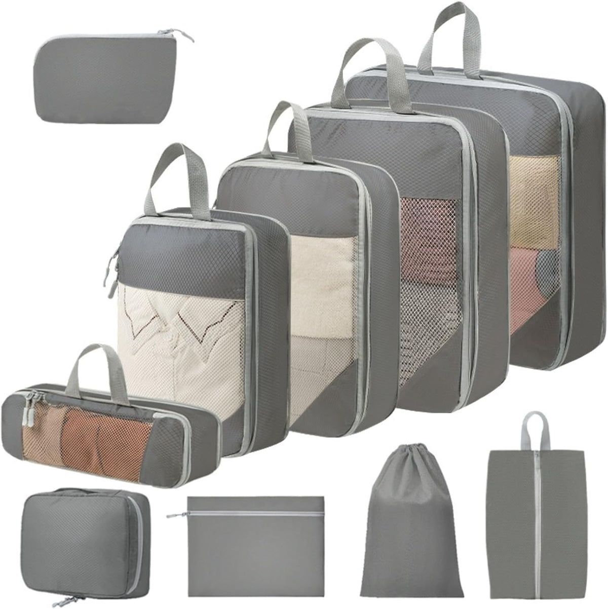 Expandable Compression Packing Cubes Set, Travel Luggage Organizer Bags | Expandable packing cubes with compression zippers, mesh panels and multiple organizers for travel, luggage and storage.