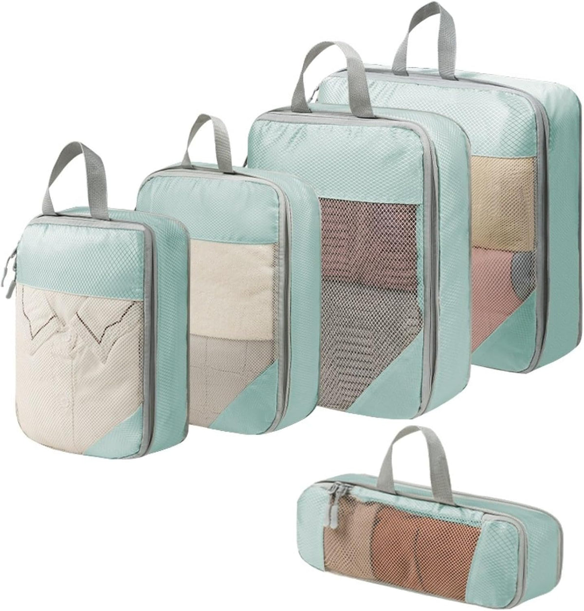 Expandable Compression Packing Cubes Set, Travel Luggage Organizer Bags | Expandable packing cubes with compression zippers, mesh panels and multiple organizers for travel, luggage and storage.