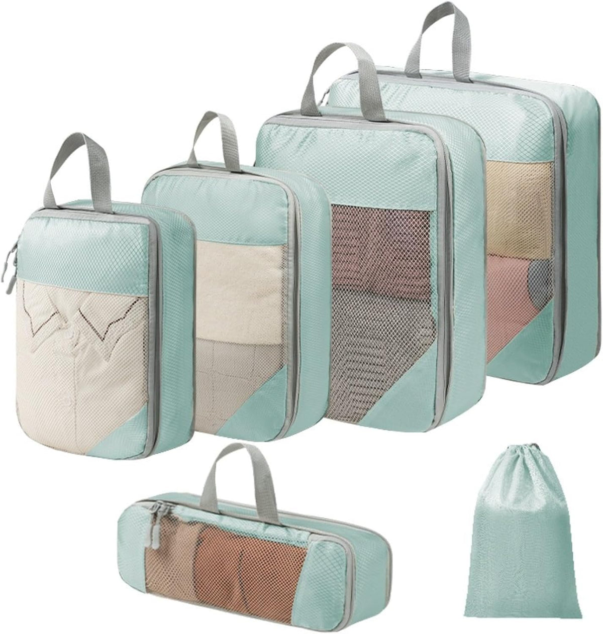 Expandable Compression Packing Cubes Set, Travel Luggage Organizer Bags | Expandable packing cubes with compression zippers, mesh panels and multiple organizers for travel, luggage and storage.