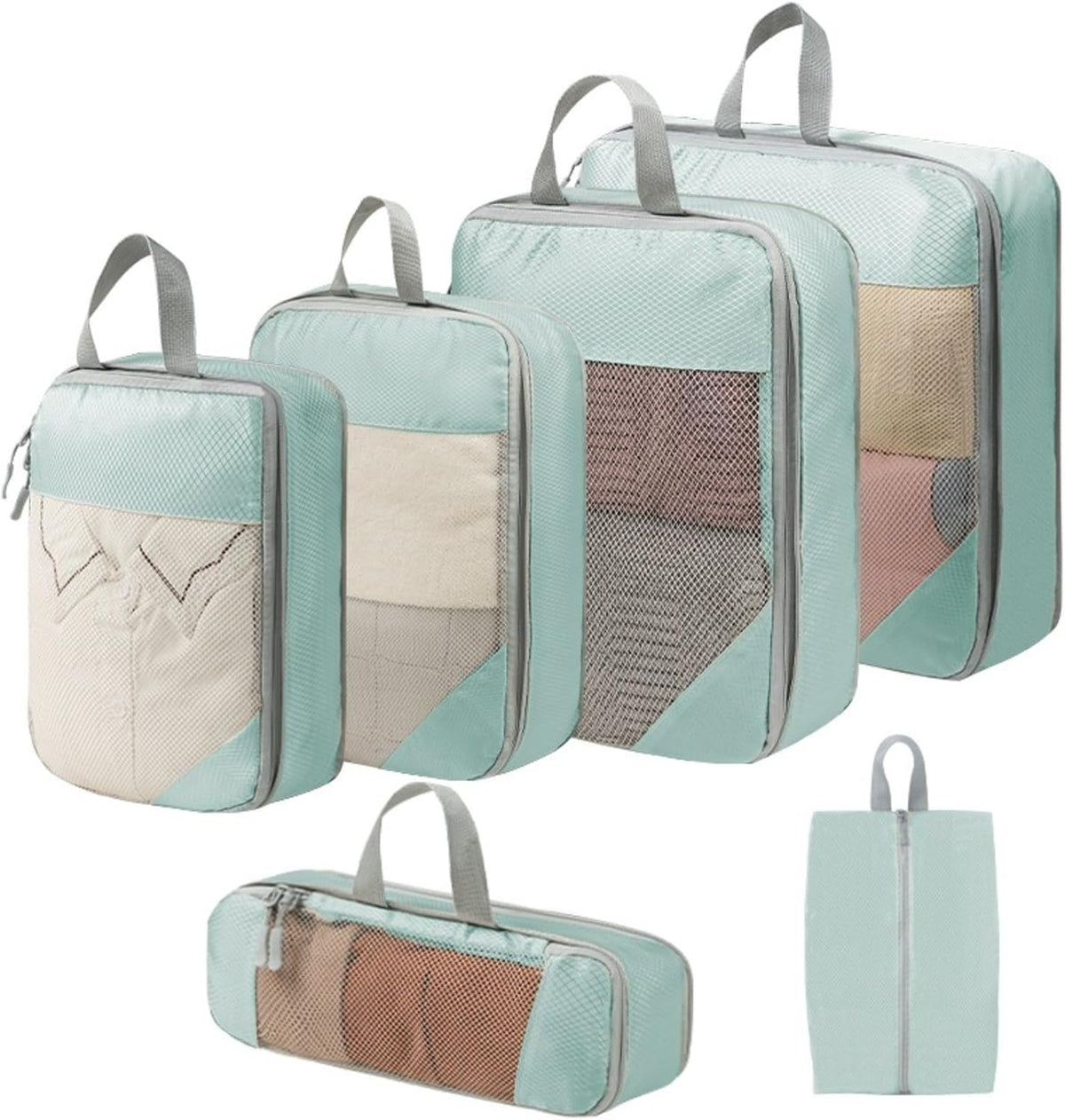 Expandable Compression Packing Cubes Set, Travel Luggage Organizer Bags | Expandable packing cubes with compression zippers, mesh panels and multiple organizers for travel, luggage and storage.