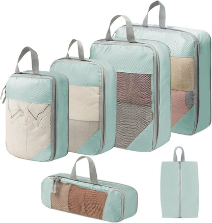 Expandable Compression Packing Cubes Set, Travel Luggage Organizer Bags | Expandable packing cubes with compression zippers, mesh panels and multiple organizers for travel, luggage and storage.