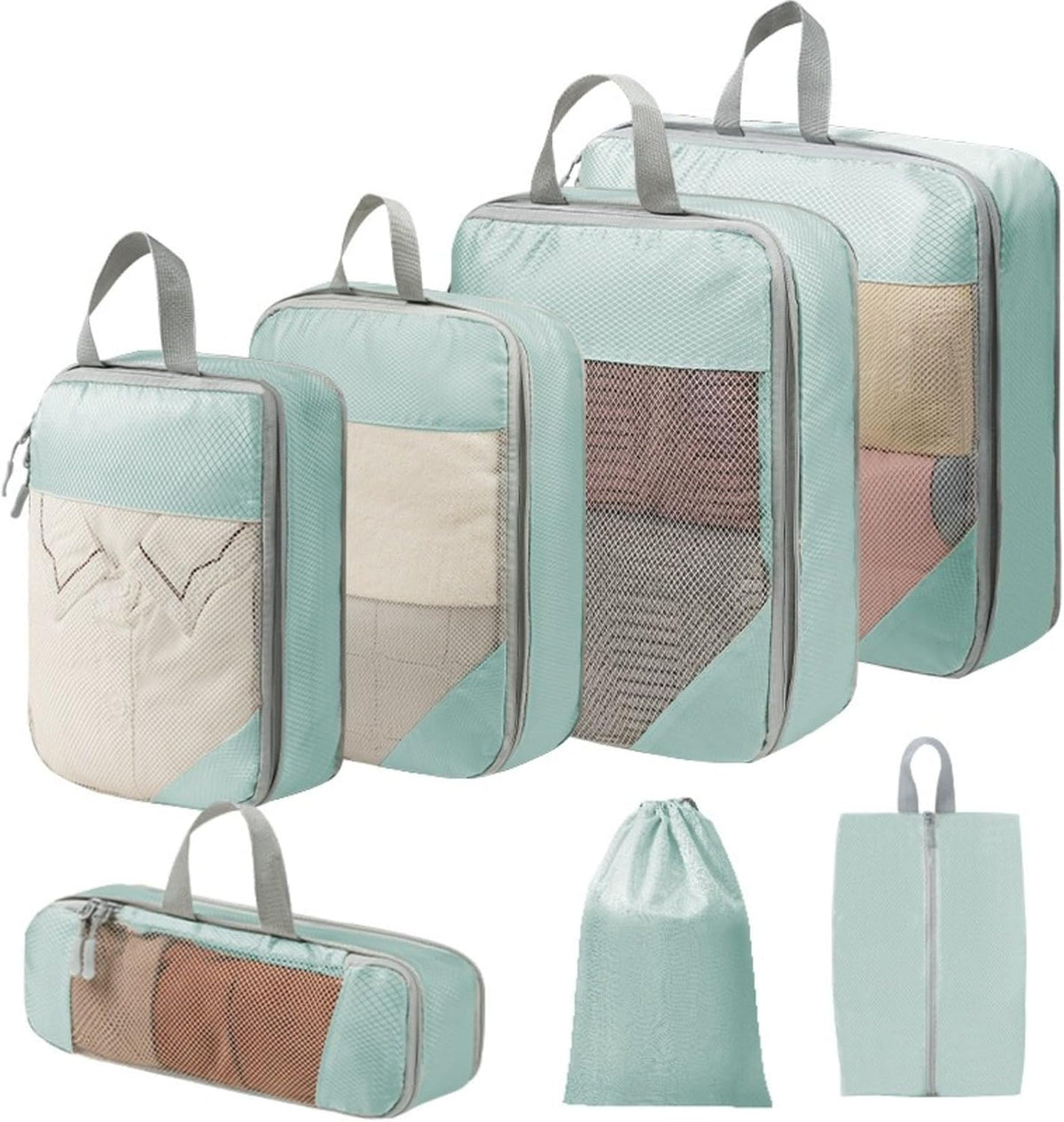 Expandable Compression Packing Cubes Set, Travel Luggage Organizer Bags | Expandable packing cubes with compression zippers, mesh panels and multiple organizers for travel, luggage and storage.