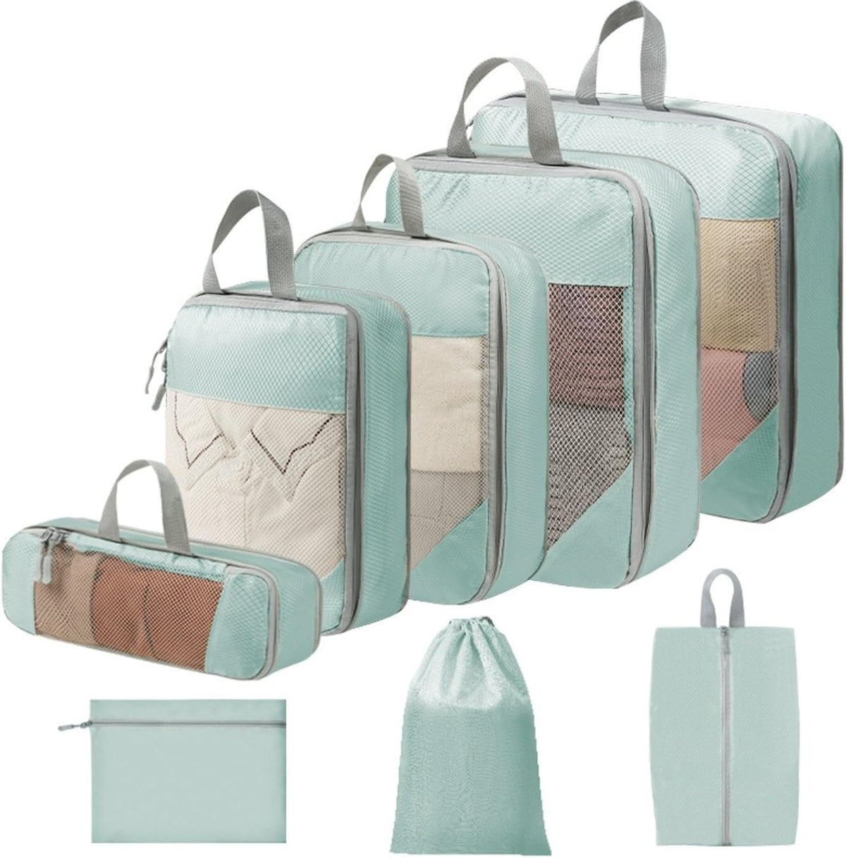 Expandable Compression Packing Cubes Set, Travel Luggage Organizer Bags | Expandable packing cubes with compression zippers, mesh panels and multiple organizers for travel, luggage and storage.