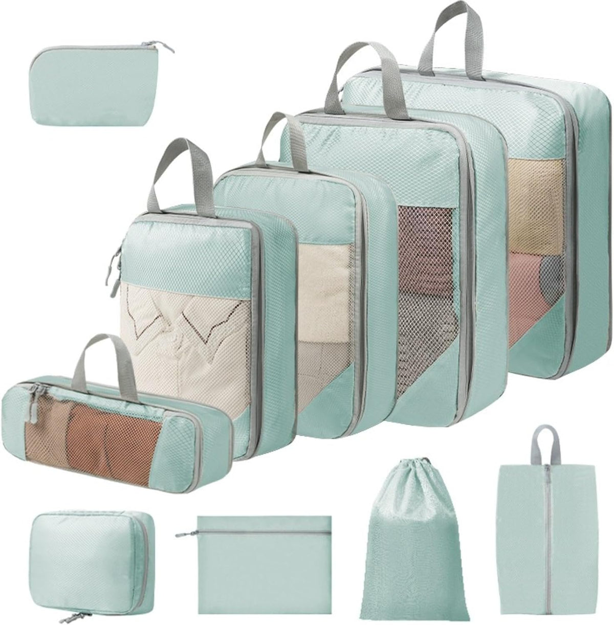 Expandable Compression Packing Cubes Set, Travel Luggage Organizer Bags | Expandable packing cubes with compression zippers, mesh panels and multiple organizers for travel, luggage and storage.