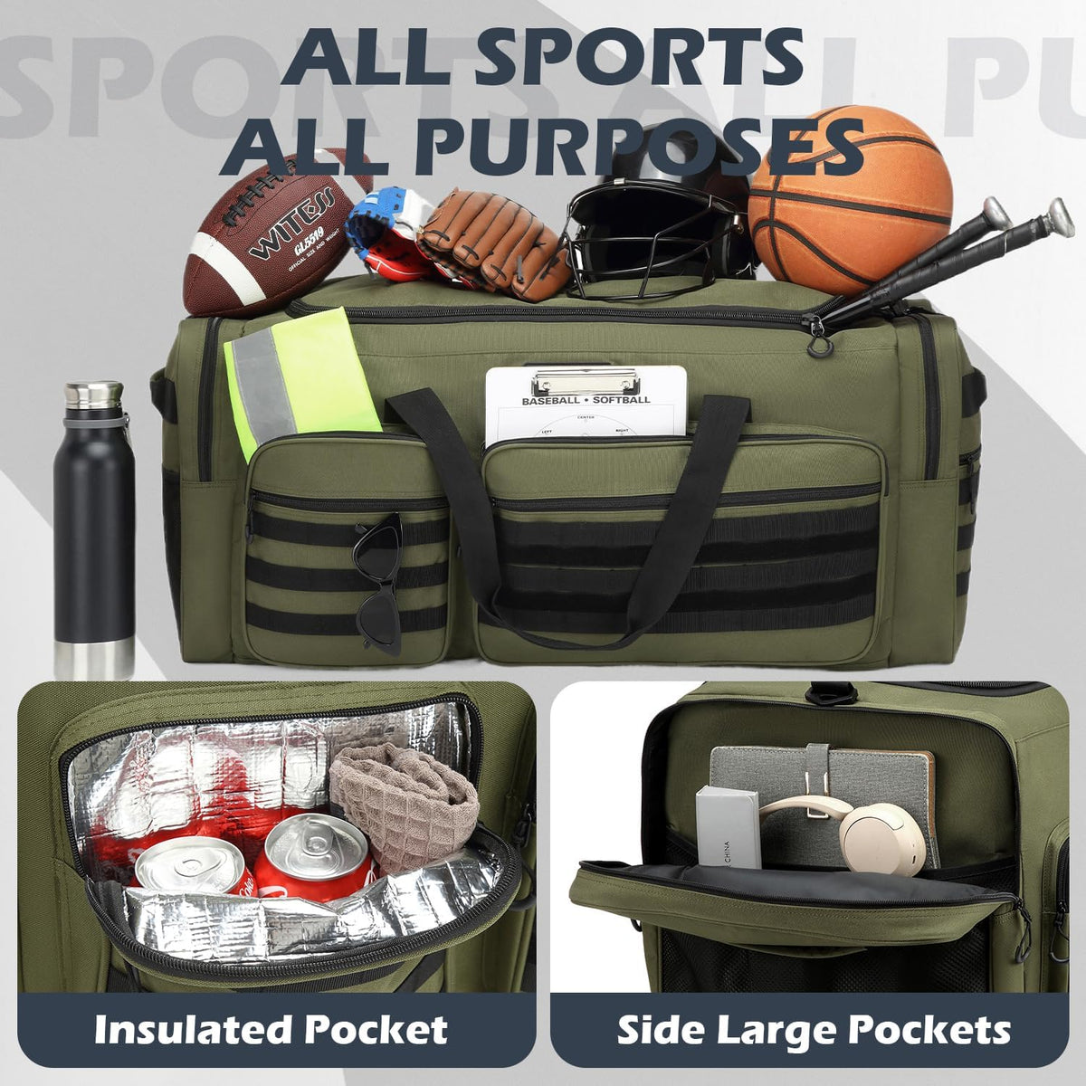 135L Large Duffle Bag, Heavy Duty Duffle Bag for Travel, Extra Large Sports Gym Equipment Bag for Soccer Baseball Basketball Hockey Football, Green
