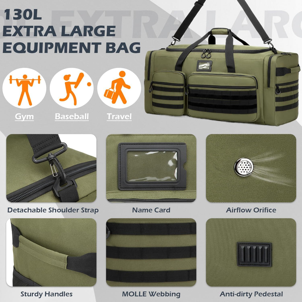 135L Large Duffle Bag, Heavy Duty Duffle Bag for Travel, Extra Large Sports Gym Equipment Bag for Soccer Baseball Basketball Hockey Football, Green