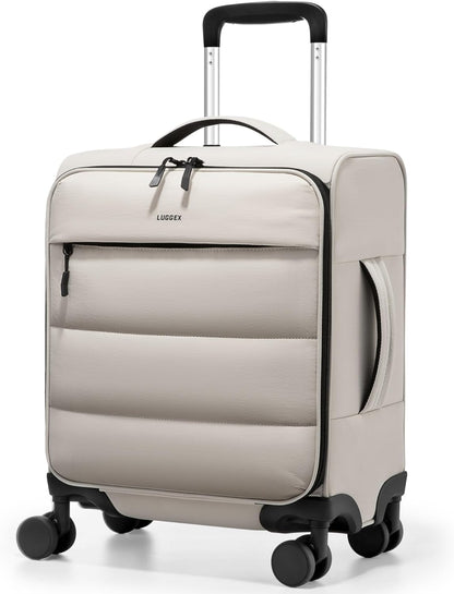 LUGGEX 18x14x8 Underseat Carry On Luggage with Spinner Wheels, UDS Softside Lightweight Suitcase for 2-Day Travel(UX-Pro, Beige, 18x14x8)