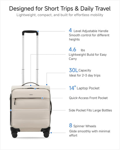 LUGGEX 18x14x8 Underseat Carry On Luggage with Spinner Wheels, UDS Softside Lightweight Suitcase for 2-Day Travel(UX-Pro, Beige, 18x14x8)
