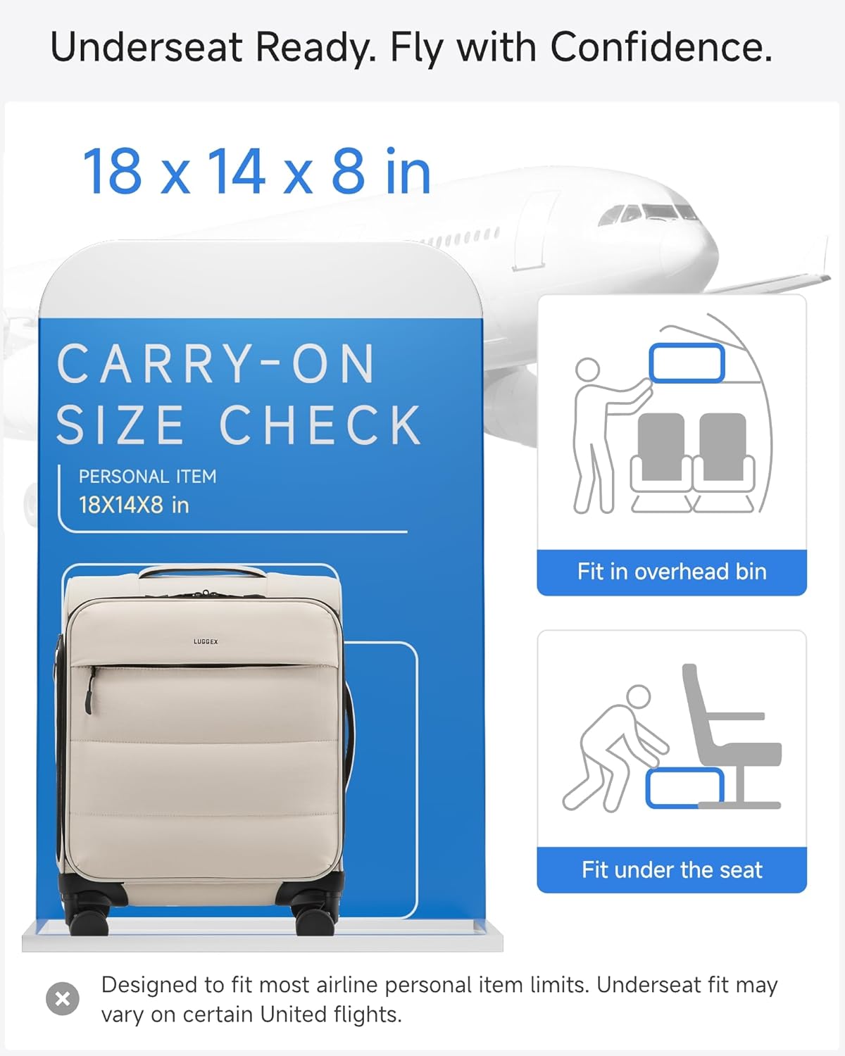 LUGGEX 18x14x8 Underseat Carry On Luggage with Spinner Wheels, UDS Softside Lightweight Suitcase for 2-Day Travel(UX-Pro, Beige, 18x14x8)