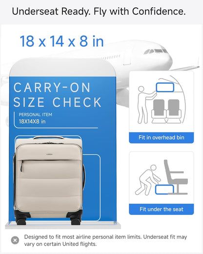 LUGGEX 18x14x8 Underseat Carry On Luggage with Spinner Wheels, UDS Softside Lightweight Suitcase for 2-Day Travel(UX-Pro, Beige, 18x14x8)