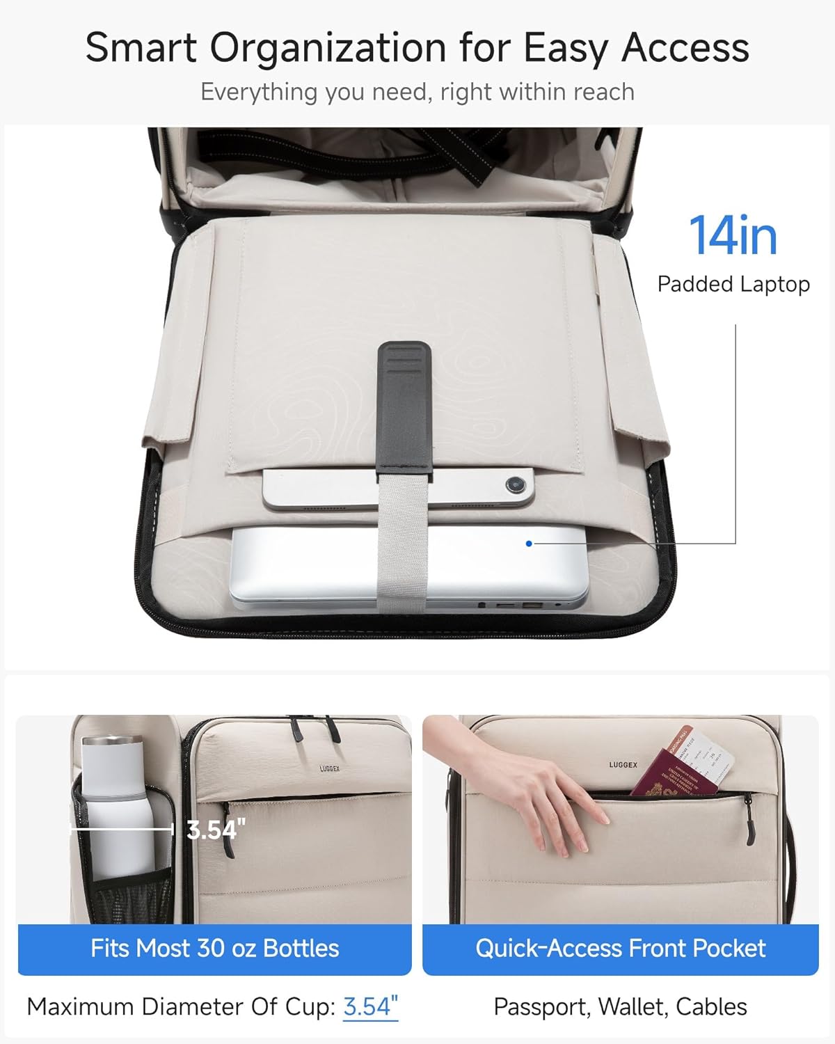 LUGGEX 18x14x8 Underseat Carry On Luggage with Spinner Wheels, UDS Softside Lightweight Suitcase for 2-Day Travel(UX-Pro, Beige, 18x14x8)
