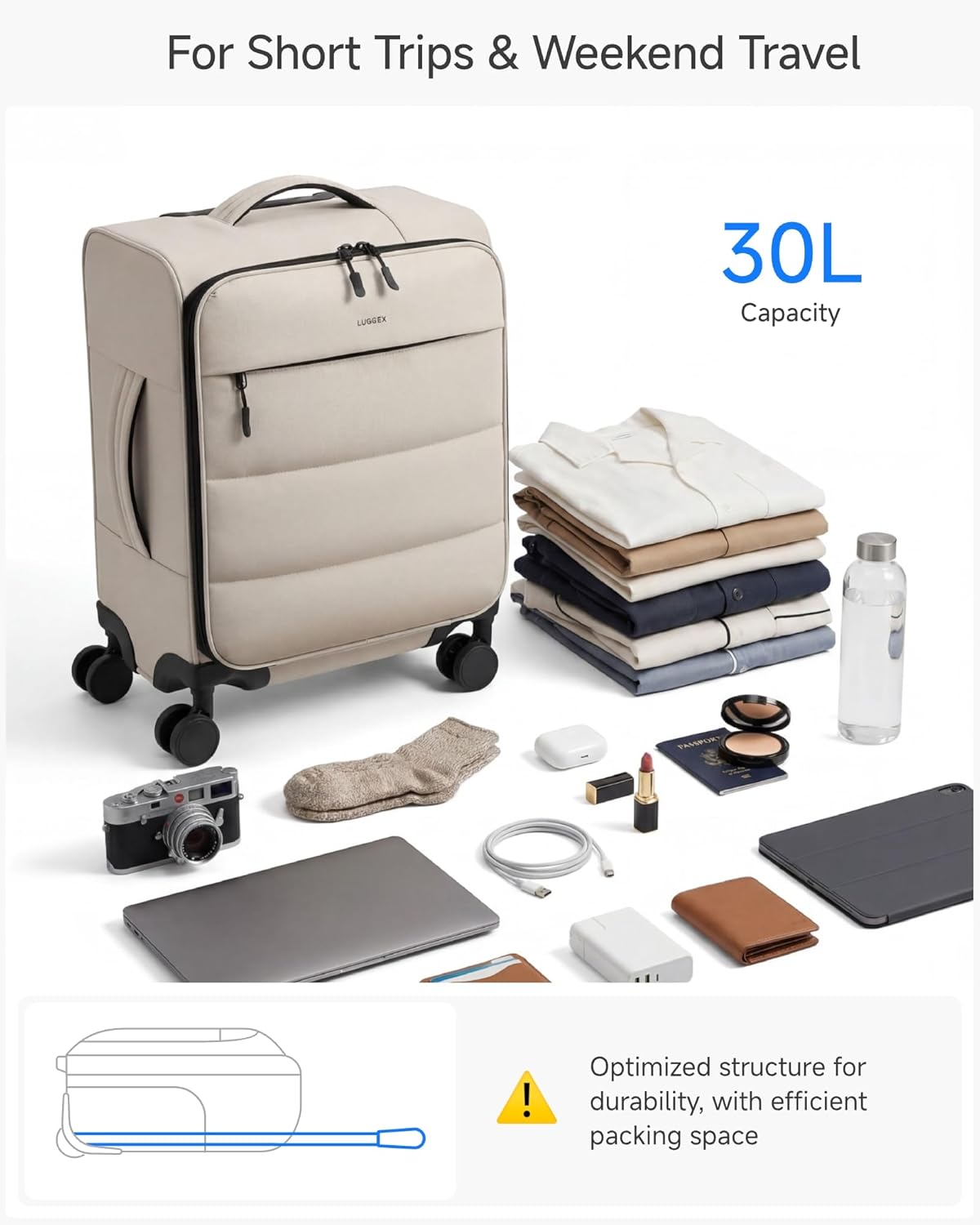 LUGGEX 18x14x8 Underseat Carry On Luggage with Spinner Wheels, UDS Softside Lightweight Suitcase for 2-Day Travel(UX-Pro, Beige, 18x14x8)