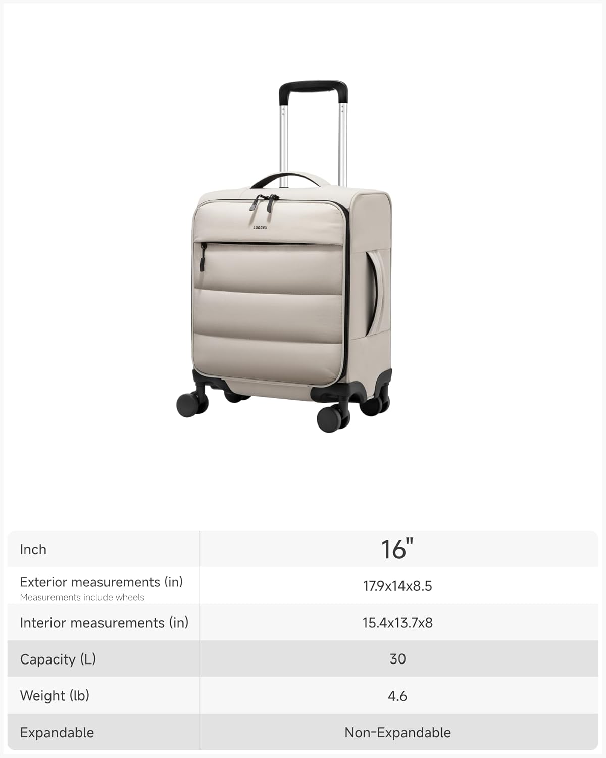 LUGGEX 18x14x8 Underseat Carry On Luggage with Spinner Wheels, UDS Softside Lightweight Suitcase for 2-Day Travel(UX-Pro, Beige, 18x14x8)