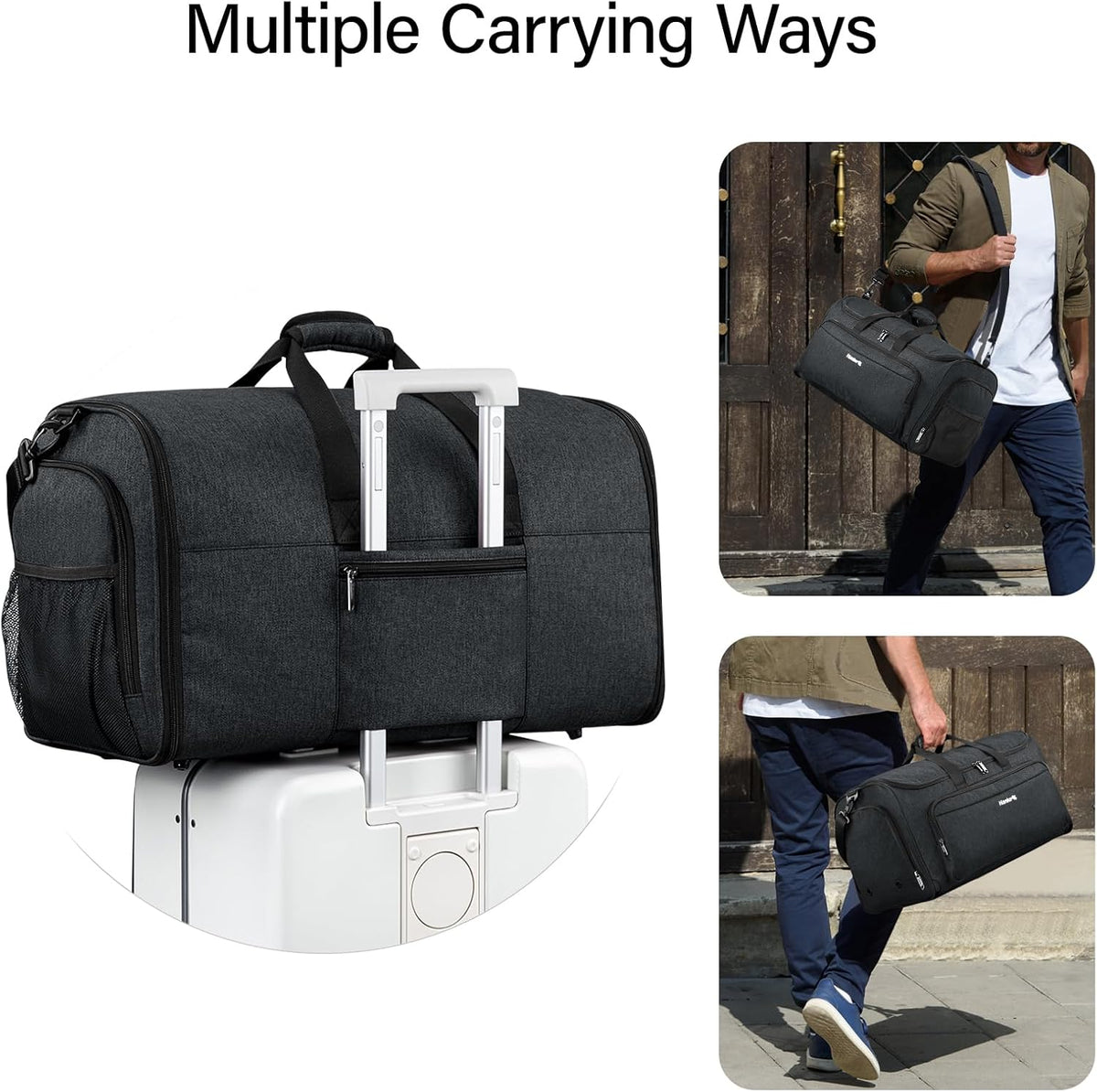Garment Bags for Travel, 55L Carry on Convertible Garment Duffle Bag | 2 in 1 Hanging Suit Travel Bag with Shoulder Strap, Shoe Compartment, Portable Weekender Luggage Bag for Men Women,Black