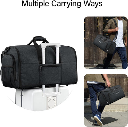 Garment Bags for Travel, 55L Carry on Convertible Garment Duffle Bag | 2 in 1 Hanging Suit Travel Bag with Shoulder Strap, Shoe Compartment, Portable Weekender Luggage Bag for Men Women,Black