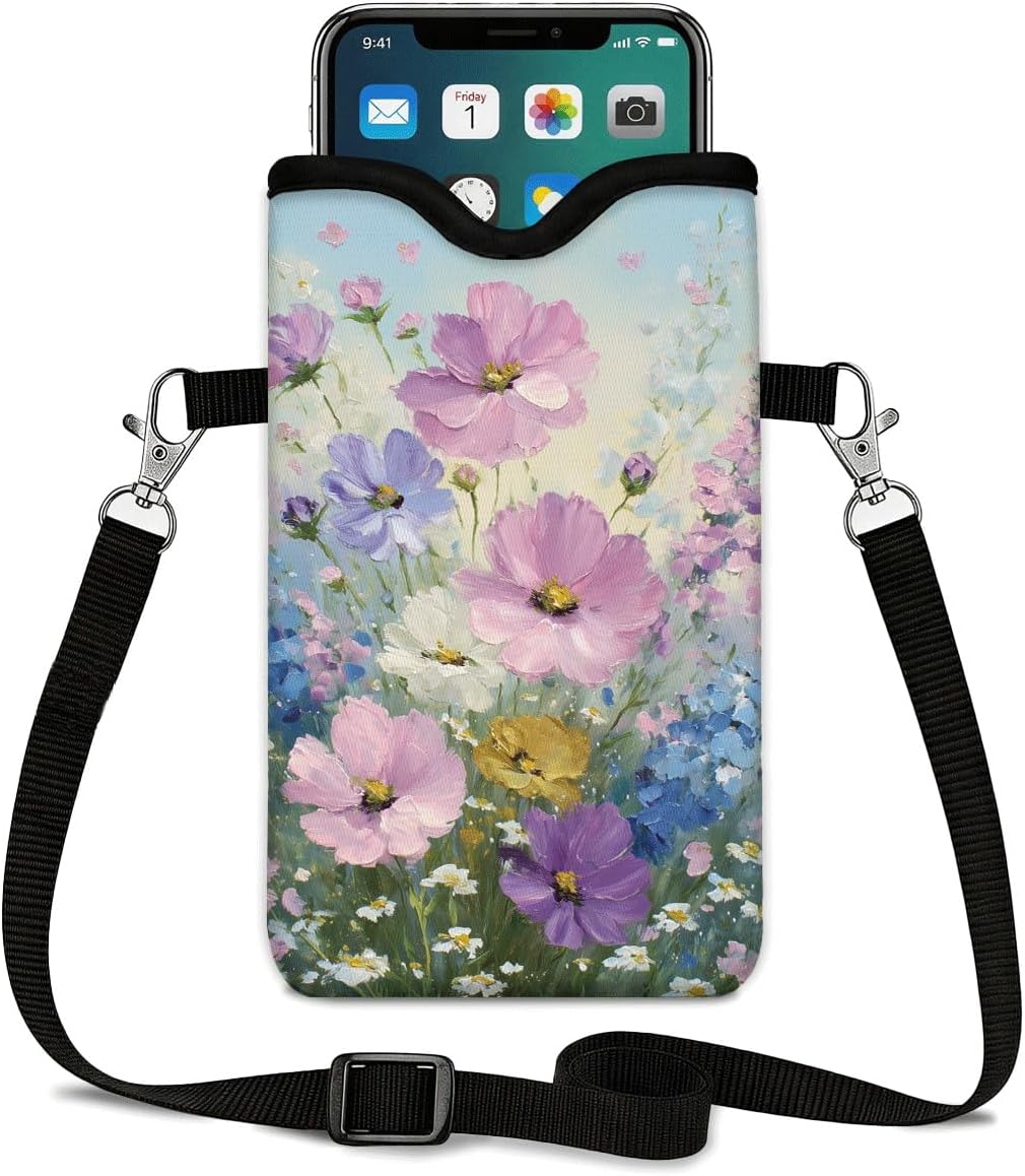 Neoprene Phone Sleeve Pouch Case Bag for Women Men with Crossbody Strap, 7.1x3.9 in, Shockproof Black Cat Mobile Protection Case Bag with Neck Lanyard, Black Cat Garden, Gift for Cats Lovers - Colors C