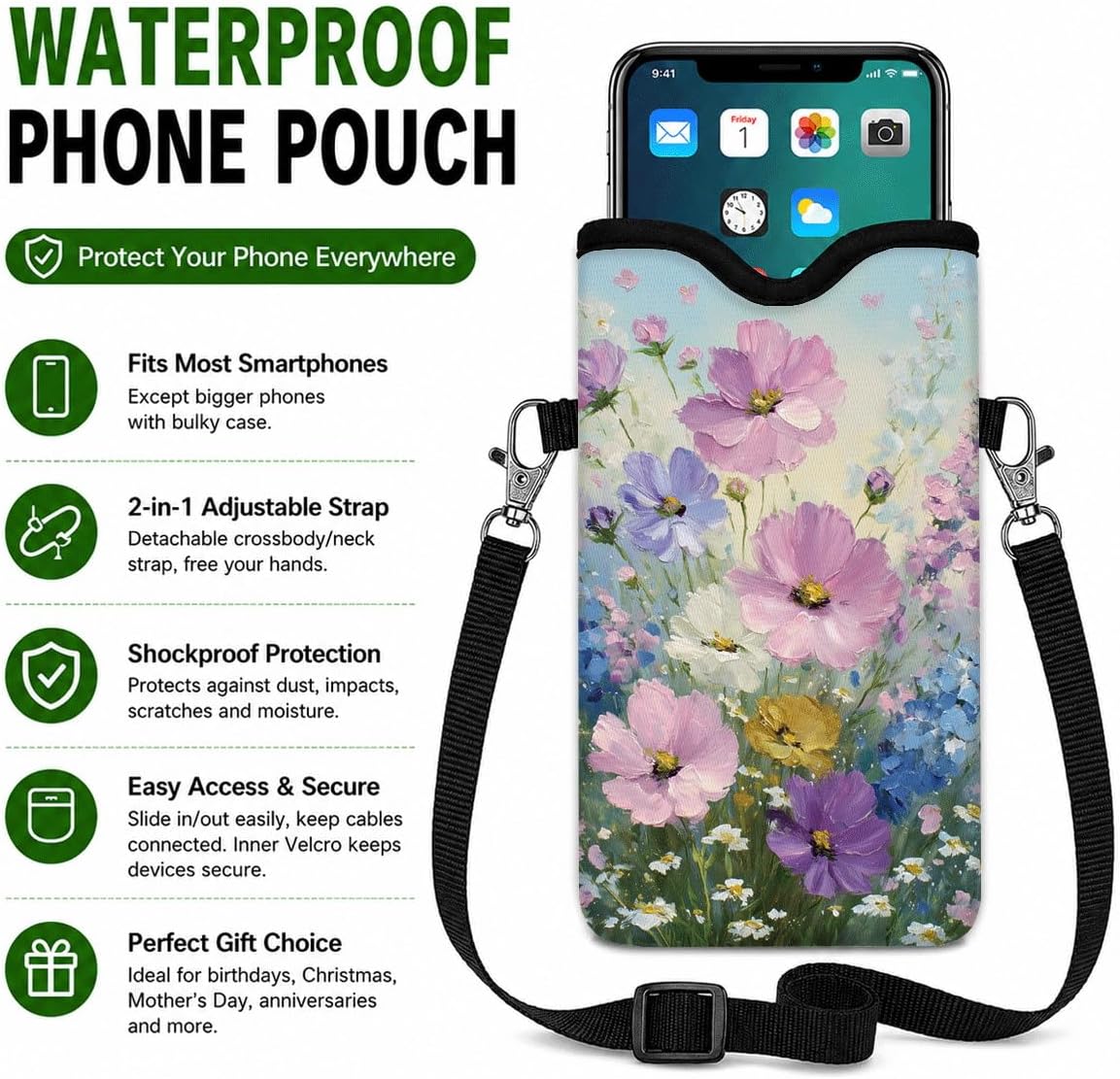 Neoprene Phone Sleeve Pouch Case Bag for Women Men with Crossbody Strap, 7.1x3.9 in, Shockproof Black Cat Mobile Protection Case Bag with Neck Lanyard, Black Cat Garden, Gift for Cats Lovers - Colors C