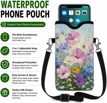 Neoprene Phone Sleeve Pouch Case Bag for Women Men with Crossbody Strap, 7.1x3.9 in, Shockproof Black Cat Mobile Protection Case Bag with Neck Lanyard, Black Cat Garden, Gift for Cats Lovers - Colors C