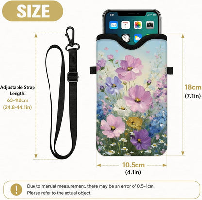 Neoprene Phone Sleeve Pouch Case Bag for Women Men with Crossbody Strap, 7.1x3.9 in, Shockproof Black Cat Mobile Protection Case Bag with Neck Lanyard, Black Cat Garden, Gift for Cats Lovers - Colors C