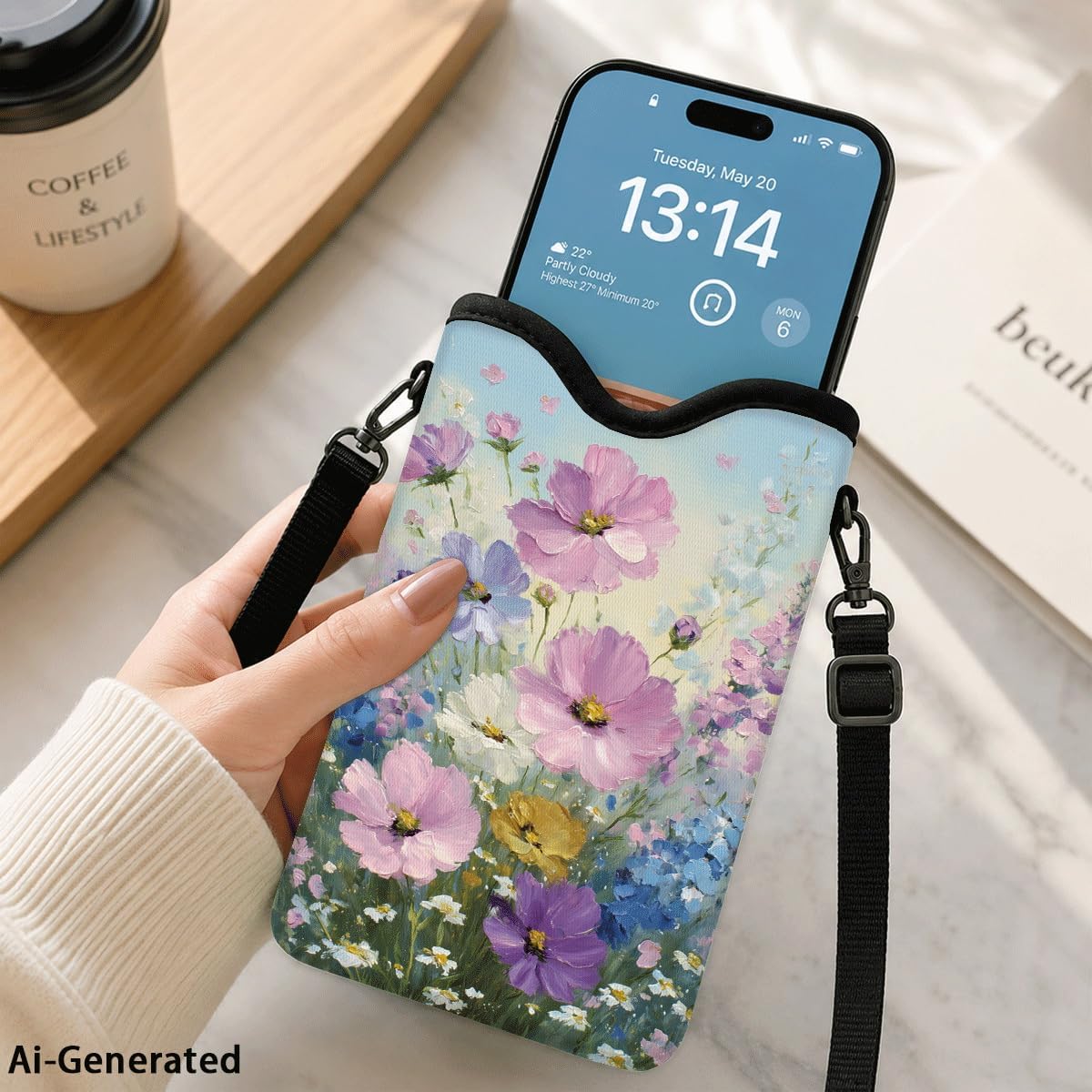 Neoprene Phone Sleeve Pouch Case Bag for Women Men with Crossbody Strap, 7.1x3.9 in, Shockproof Black Cat Mobile Protection Case Bag with Neck Lanyard, Black Cat Garden, Gift for Cats Lovers - Colors C