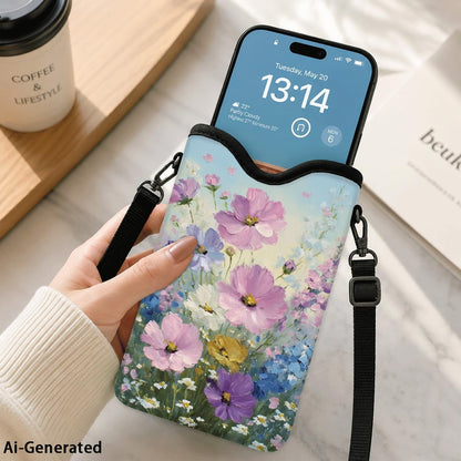 Neoprene Phone Sleeve Pouch Case Bag for Women Men with Crossbody Strap, 7.1x3.9 in, Shockproof Black Cat Mobile Protection Case Bag with Neck Lanyard, Black Cat Garden, Gift for Cats Lovers - Colors C