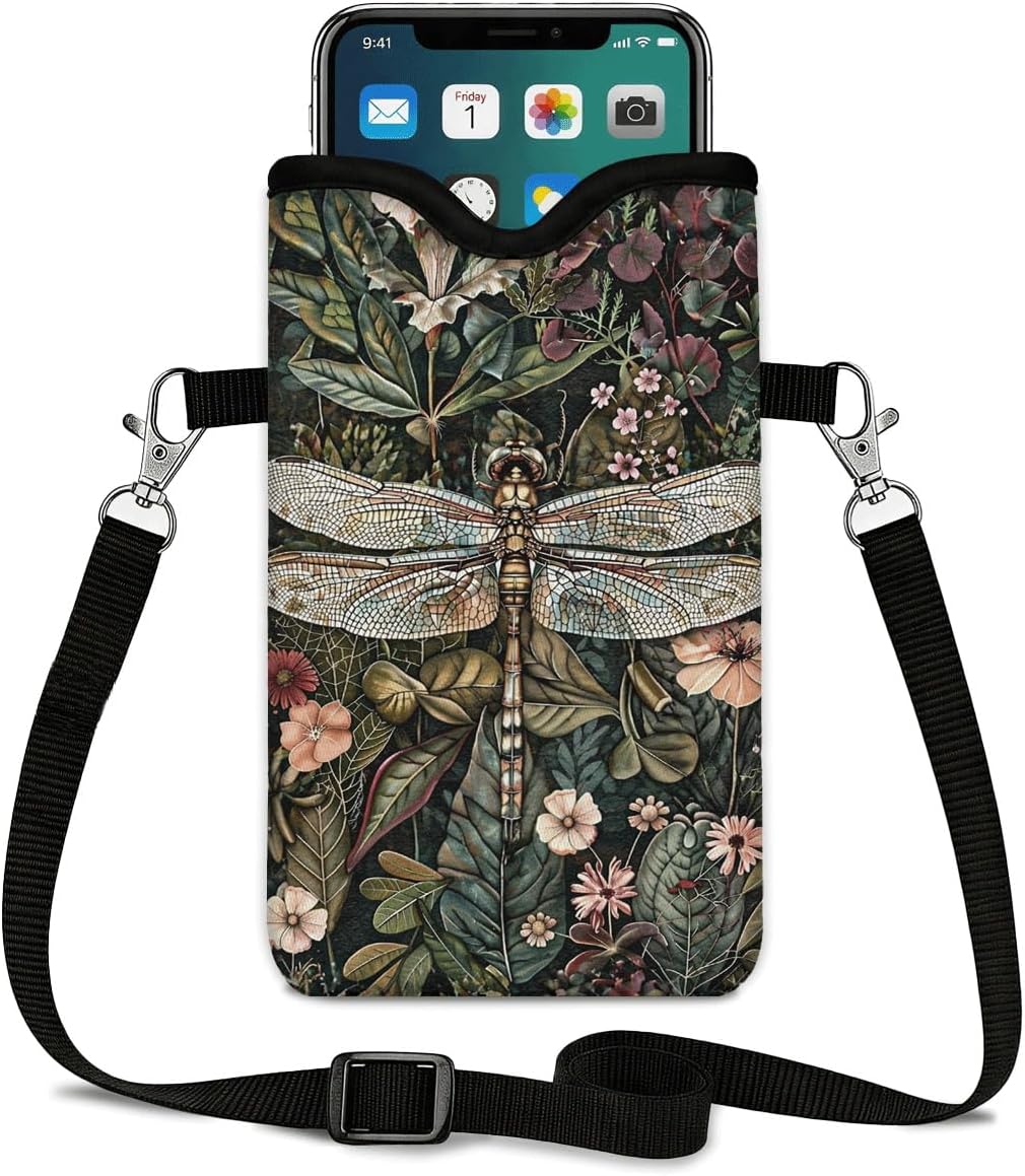 Neoprene Phone Sleeve Pouch Case Bag for Women Men with Crossbody Strap, 7.1x3.9 in, Shockproof Black Cat Mobile Protection Case Bag with Neck Lanyard, Black Cat Garden, Gift for Cats Lovers - Colors C