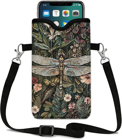 Neoprene Phone Sleeve Pouch Case Bag for Women Men with Crossbody Strap, 7.1x3.9 in, Shockproof Black Cat Mobile Protection Case Bag with Neck Lanyard, Black Cat Garden, Gift for Cats Lovers - Colors C