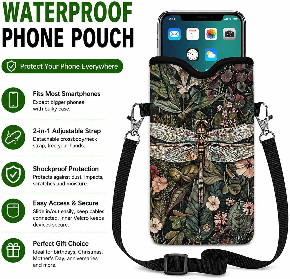 Neoprene Phone Sleeve Pouch Case Bag for Women Men with Crossbody Strap, 7.1x3.9 in, Shockproof Black Cat Mobile Protection Case Bag with Neck Lanyard, Black Cat Garden, Gift for Cats Lovers - Colors C
