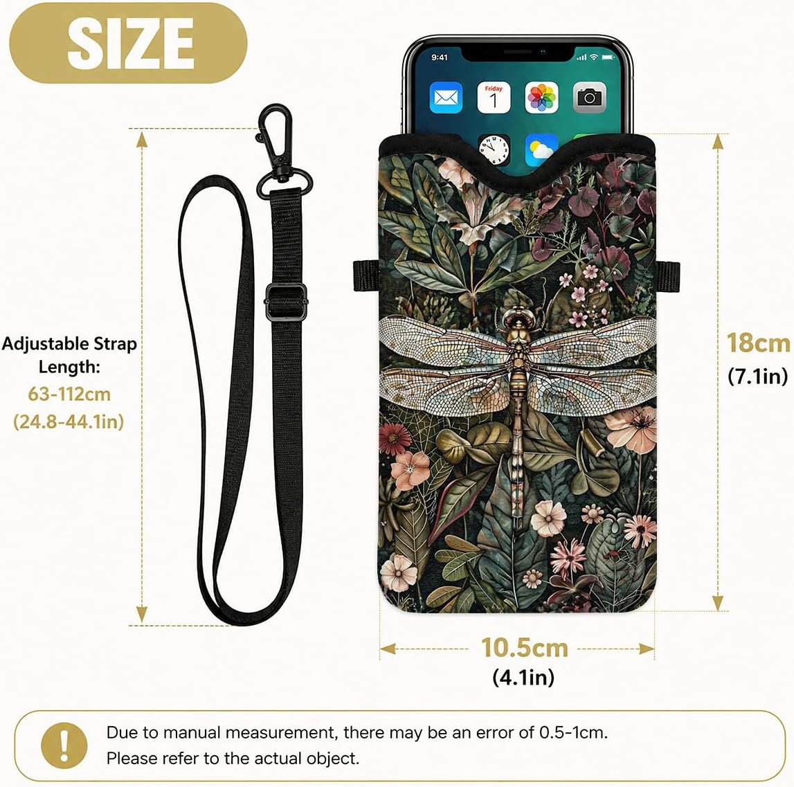 Neoprene Phone Sleeve Pouch Case Bag for Women Men with Crossbody Strap, 7.1x3.9 in, Shockproof Black Cat Mobile Protection Case Bag with Neck Lanyard, Black Cat Garden, Gift for Cats Lovers - Colors C