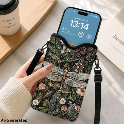 Neoprene Phone Sleeve Pouch Case Bag for Women Men with Crossbody Strap, 7.1x3.9 in, Shockproof Black Cat Mobile Protection Case Bag with Neck Lanyard, Black Cat Garden, Gift for Cats Lovers - Colors C