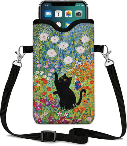 Neoprene Phone Sleeve Pouch Case Bag for Women Men with Crossbody Strap, 7.1x3.9 in, Shockproof Black Cat Mobile Protection Case Bag with Neck Lanyard, Black Cat Garden, Gift for Cats Lovers - Colors C